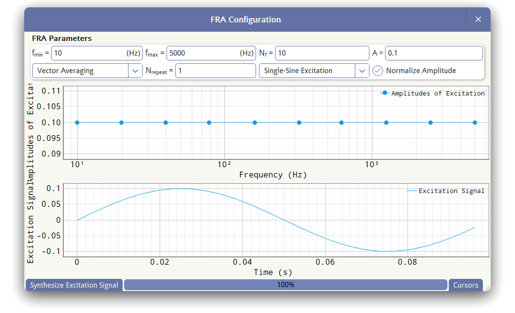 Top: a generated array of 20 frequencies from 10 Hz to 45 kHz. Bottom: an example injection signal at the minimum frequency.