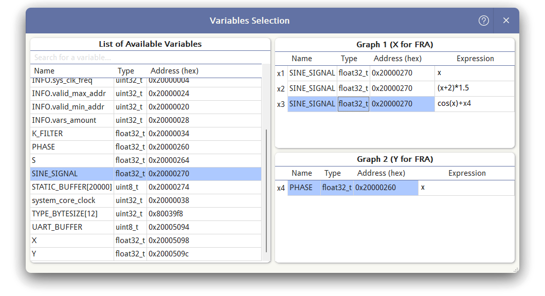 Variable selection window with recalculation formulas defined.